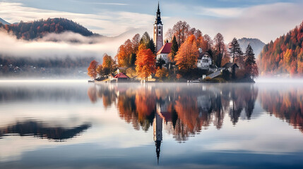 Foggy autumn morning reflection of bled island in the lake bled. Autumn background. - obrazy, fototapety, plakaty
