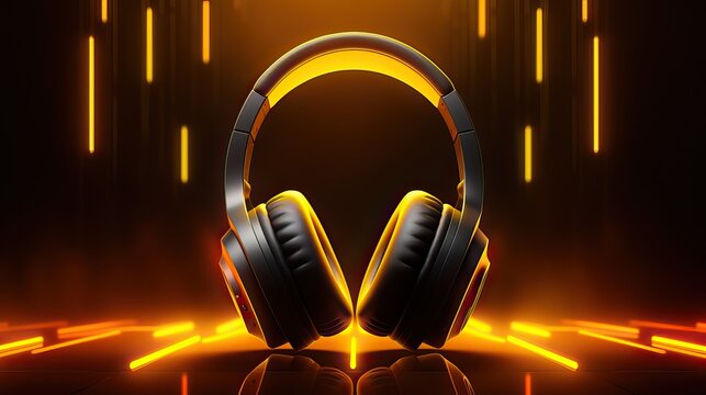 headphone with yellow neon lights on a black background. Music concept.  