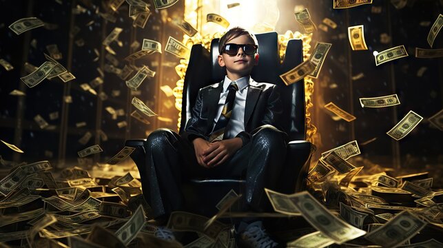 Prosperous Youth: Rich Kid in a Suit on a Throne, a prosperous young individual dressed in a suit, comfortably seated on a magnificent throne, symbolizing opulence, wealth, and privilege.