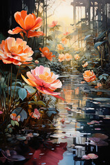 Tropical Tranquility: Orange Hibiscus Flowers by a Stream