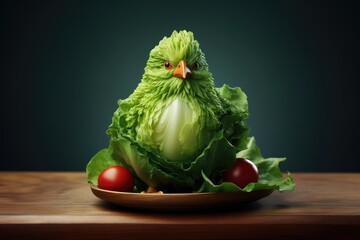 Vegetarian or vegan chicken, chick made out of lettuce, vegan day or vegetarian week banner