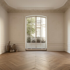 An empty white room with a wooden floor 