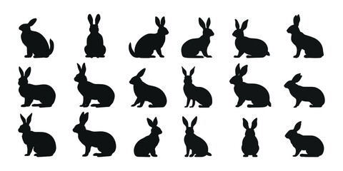 Set of different rabbits silhouettes for design use. Rabbit set, isolated on white background