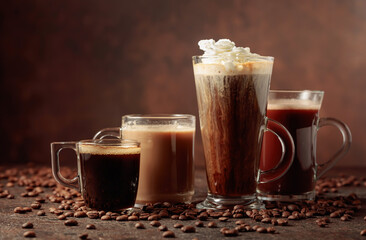 Various coffee and chocolate drinks on a brown background.