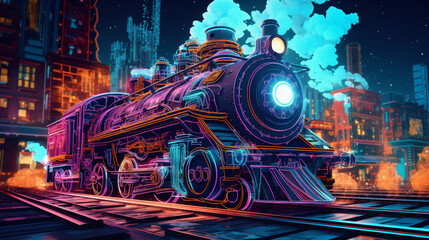The steam locomotive in the night city - obrazy, fototapety, plakaty
