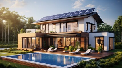 Exterior of beautiful modern house with solar panels on roof. Luxury villa with terrace and swimming pool