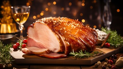 Close up of cutted Ham glazed with Honey. Kitchen Backdrop - obrazy, fototapety, plakaty