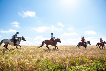 Horseback riding. Horseback riding. Young women equestrians gallop on horses through a field on a summer sunny day. - obrazy, fototapety, plakaty