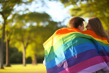 The lisbians are holding a rainbow-coloured flag. LGBT love concept.