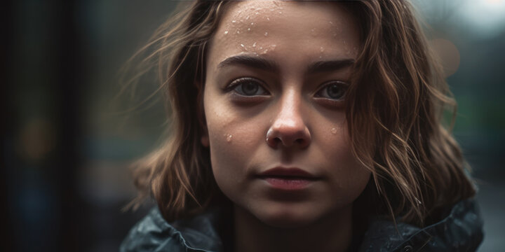 Portrait of a Woman in The Rain. Autumn mood. Beautiful Female face in raindrops, close up