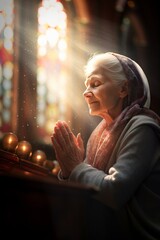 old woman in the church saying a prayer for the holy spirit