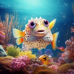 Fototapeta na wymiar Animals of the underwater sea world. Ecosystem. Colorful tropical puffer fish. Life in the coral reef