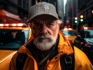 portrait of senior man with gray beard in yellow raincoat and cap on street. Generative AI