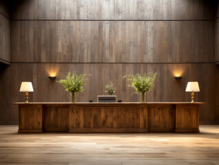 Fototapeta na wymiar Interior of modern reception room with wooden wall and wooden floor. Generative AI