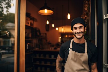 friendly small business owner hangs an open sign in front