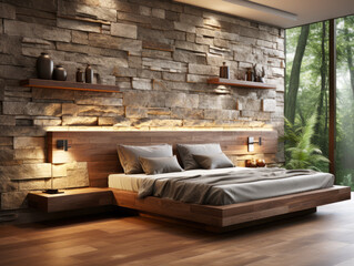 Interior of modern bedroom with stone wall and wooden floor. Generative AI
