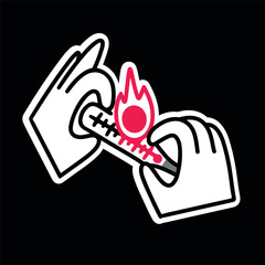 Vector sticker of hands holding a thermometer with a high temperature, treating a cold or flu. Simple outline style with stroke, icon or illustration.