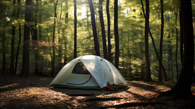 camping in a tent in the forest