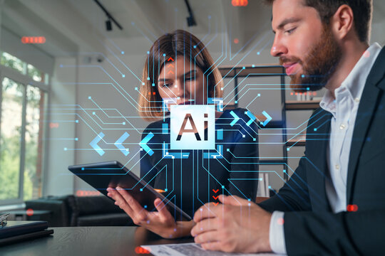 Businesspeople working together at office workplace. Concept of team work, business education, internet surfing, brainstorm, project information technology. Ai technology icons