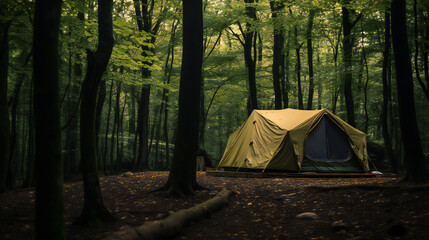 camping in the forest in a yellow tent