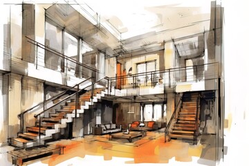 Wide angle sketch of interior building in black and white using generative AI 