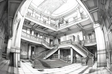 Wide angle sketch of interior building in black and white using generative AI 