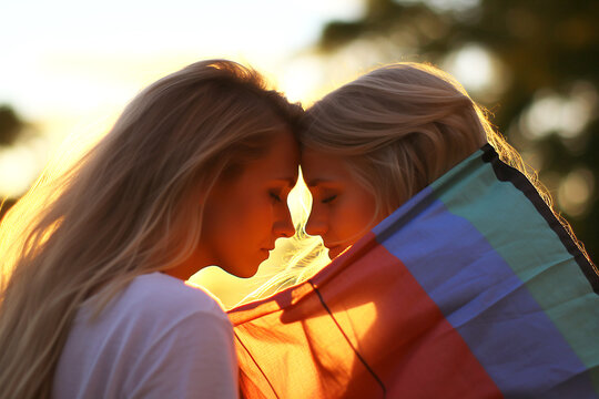 The lisbians are holding a rainbow-coloured flag. LGBT love concept.