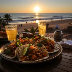 Photo sur Plexiglas Coucher de soleil sur la plage Tacos al Pastor against the background of the beautiful Mexican coast at sunset on the restaurant terrace