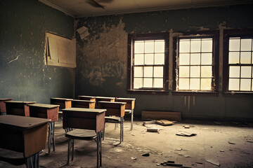 Abandoned classroom in a state of decay