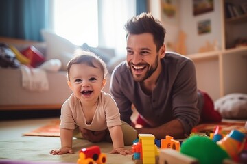 father with his baby playing at home with toys and taking care of his son with love - obrazy, fototapety, plakaty