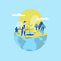 Vector illustration depicting the hemisphere of the Earth, as well as a girl watering a tree. Conveys the concept of responsible stewardship of nature and the earth's resources.