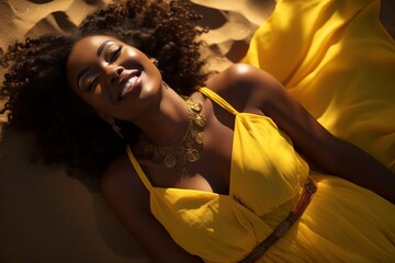 black woman wearing a yellow dress lieing on the sand with a happy  smile
