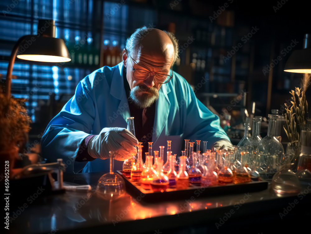 Poster Senior scientist working in the laboratory at night. Generative AI