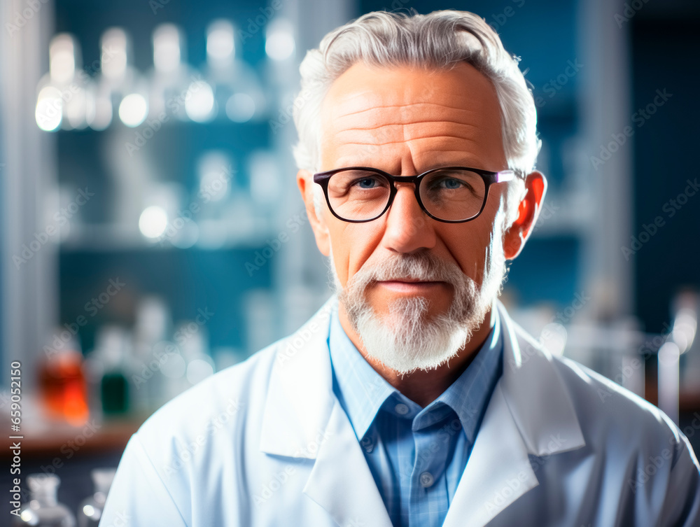 Poster portrait of a senior male scientist working in a laboratory. he is wearing glasses and a white coat.