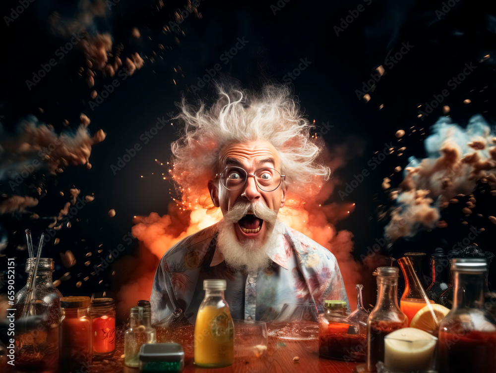 Poster funny crazy scientist working in laboratory. portrait of crazy scientist. generative ai