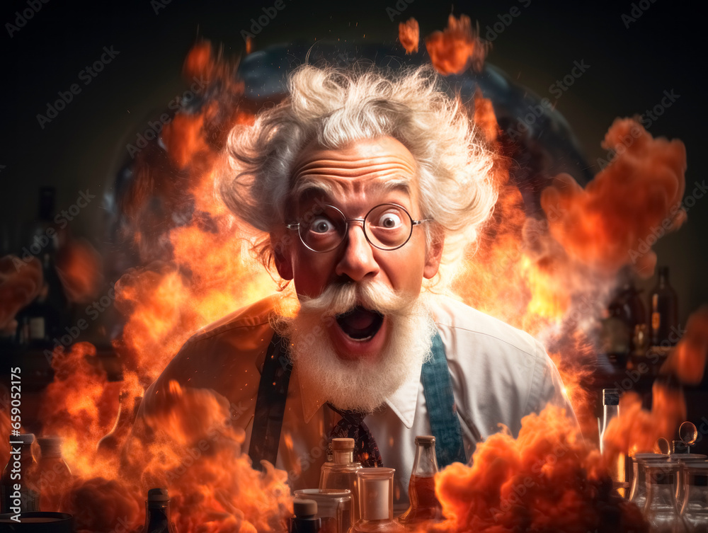 Poster funny old man with a beard and glasses in the laboratory. generative ai