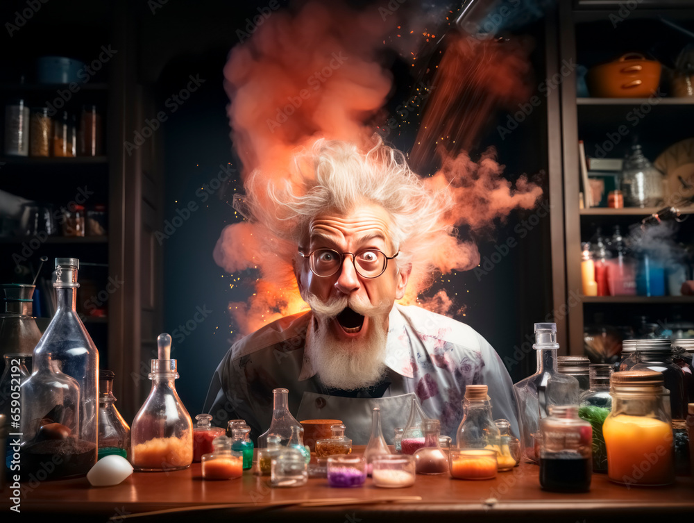 Poster funny crazy scientist in a laboratory. halloween studio shot. generative ai
