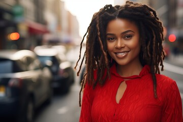 young black woman with dreadlocks wearing a bivrant red dress on the street - obrazy, fototapety, plakaty