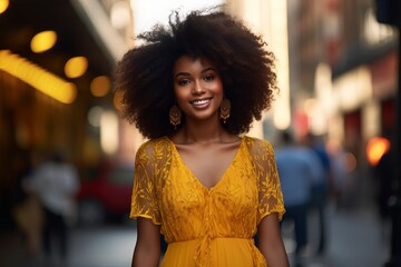 young black afro woman wearing a fashionable vibrant yellow dress in the streets and looking to...