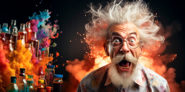 Funny Crazy Old Man With Long White Beard And Mustache In Glasses And Colorful Smoke On Black Background. Generative AI