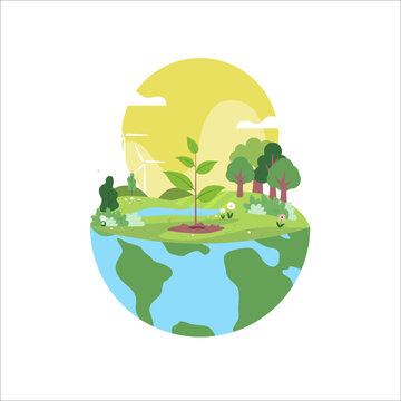 Vector illustration depicting the hemisphere of the Earth on which a garden is planted. Conveys the concept of responsible stewardship of nature and the Earth's resources. Caring for the planet.