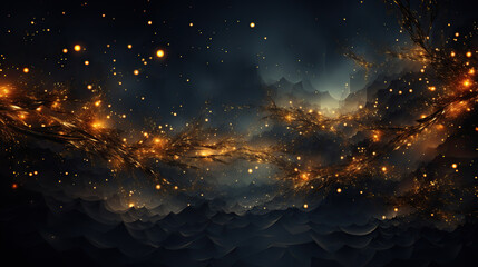 Cosmic Rain: A Surreal Dance of Golden Orbs in the Night Sky,background with stars - obrazy, fototapety, plakaty