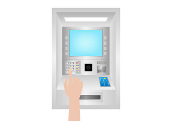 Hand Typing PIN code or Password on ATM Keypad to Withdraw Money from ATM- Automated Teller Machine. Paying and Withdrawing Money Concept.