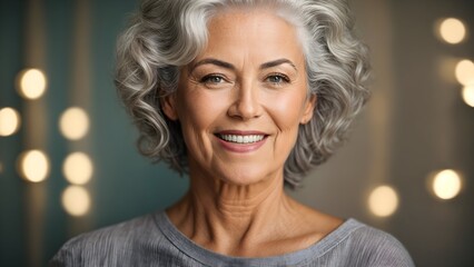 The most beautiful female model in her fifties with gray hair, laughing and smiling, is captured in...