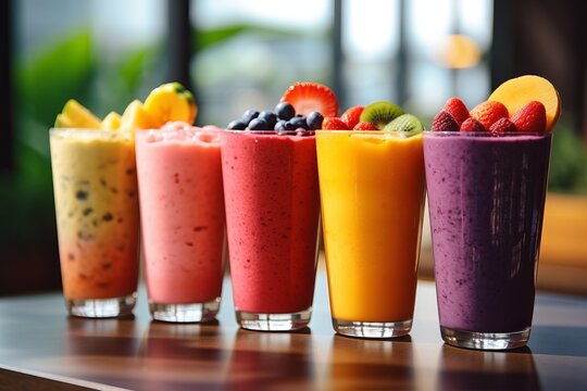 different colourful smoothies of different flavours on a table in a bar