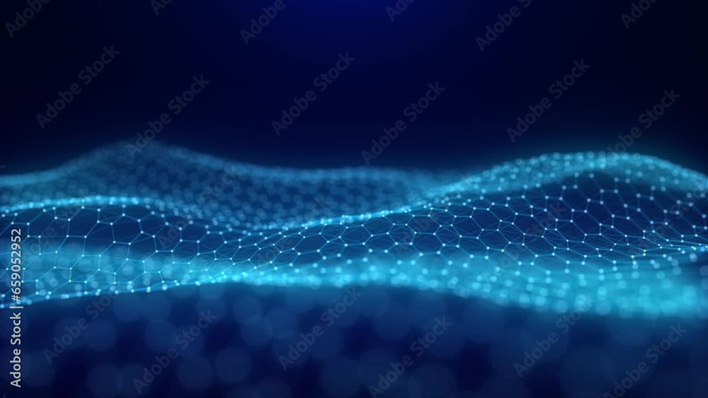 Poster digital technology hexagon wave. dark cyberspace with blue motion dots and lines. futuristic digital