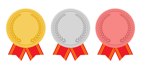 Medal. Gold, Silver and Bronze Medals with Red Ribbon. Sport Winner Medal. Champion and Winning Concept. Vector Illustration.