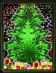 Christmas tree with xmas balls and gift box, vector illustration