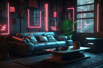 AI generated view of Cyberpunk theme interior room with dark and glowing neon