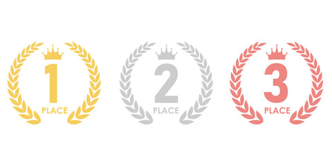 Set of Award First, Second and Third Places. Gold, Silver and Bronze Laurel Wreath for Trophy Cup. Champion and Winning Concept. Vector Illustration.